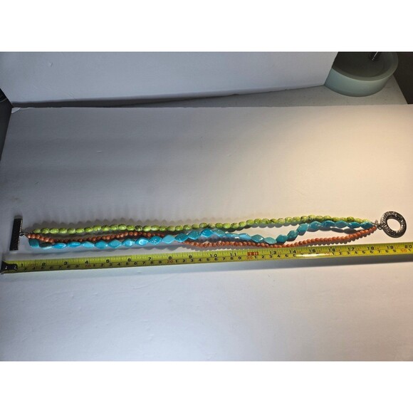 Premier Designs Citrus Triple Strand Blue Green Orange Beaded Toggle Necklace - Picture 6 of 6